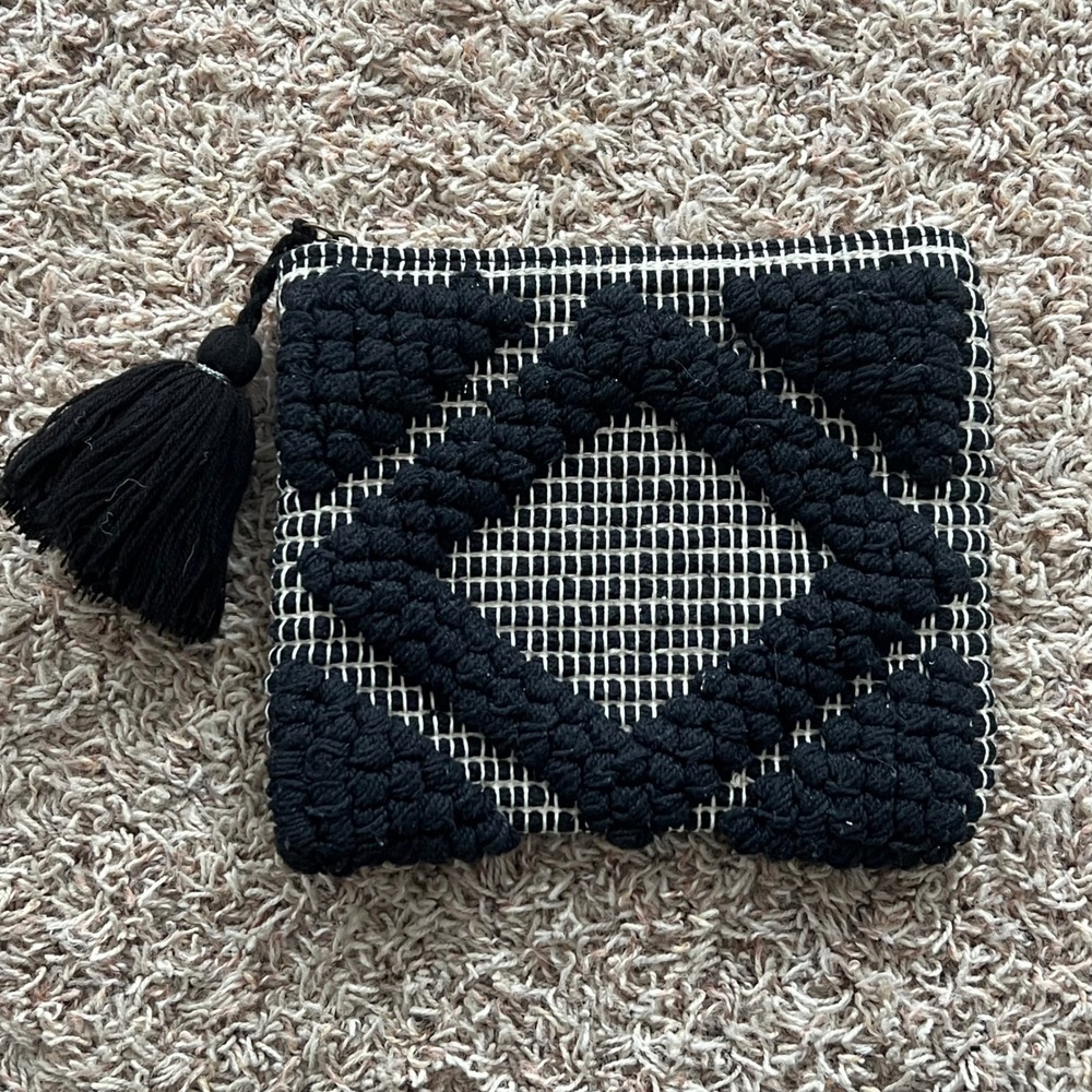 World Market Black White Geometric Tassel Clutch Pouch Bag Boho‎ Festival